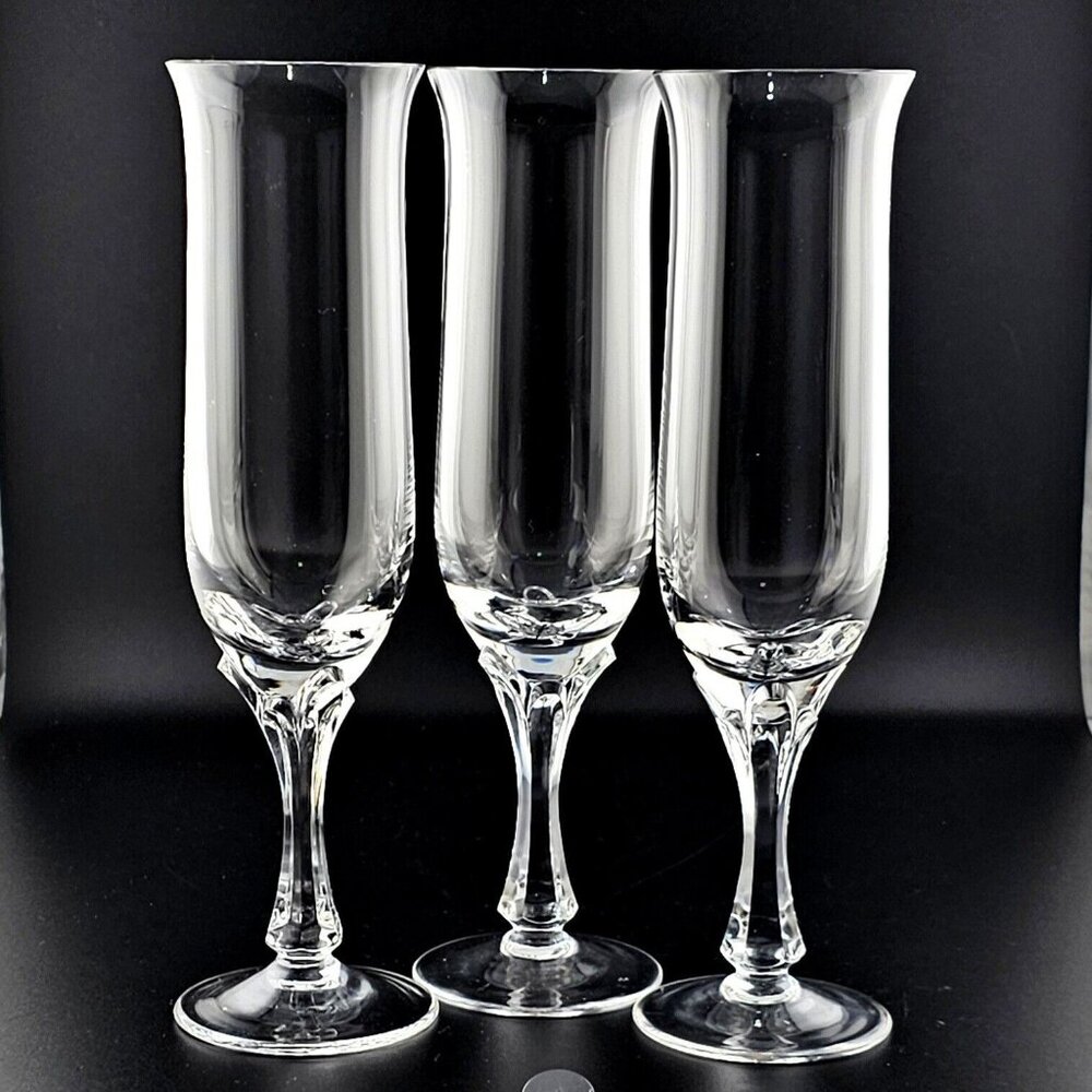 3 Nachtmann Fine Crystal Onyx Champagne Flutes Glasses 8.5" petal sculpted stem